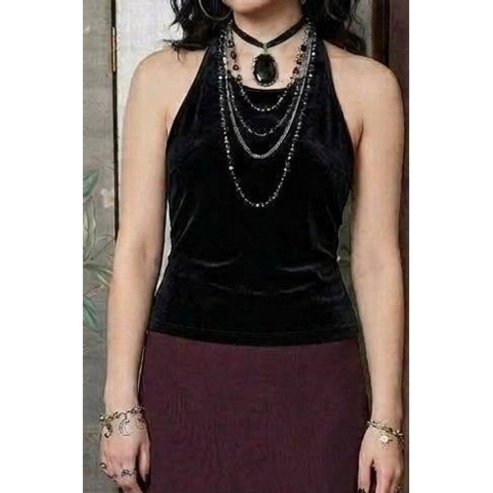 90s Vintage Black Stretch Velvet High Neck Halter Neck Top Size Small